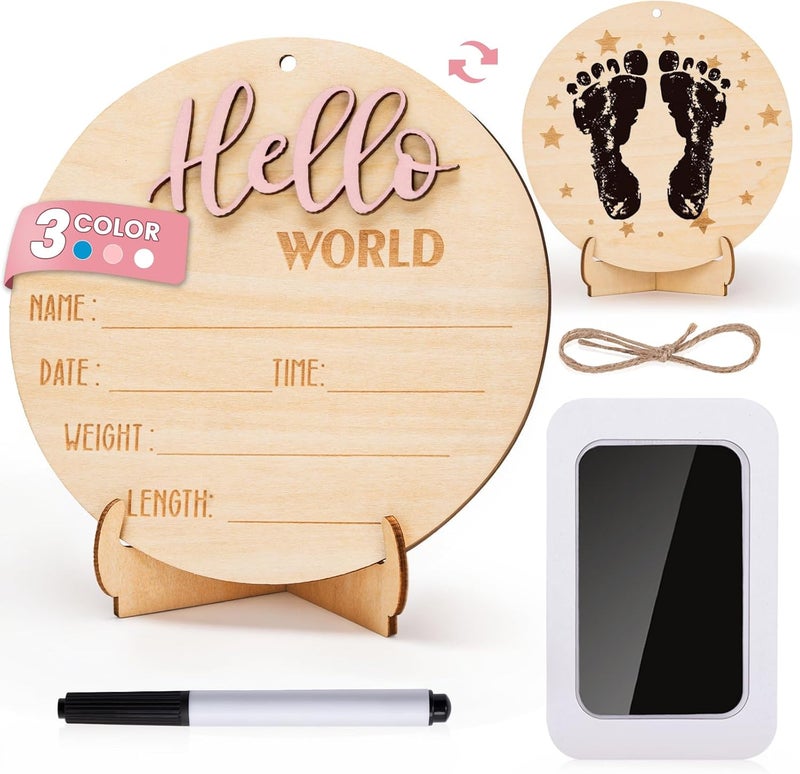 Giftacity Hello World Announcement Sign for Girl: Wooden Pink Baby Newborn Signs for Hospital with Footprint - Round Baby Birth Board for Welcome New Girl - Image 1